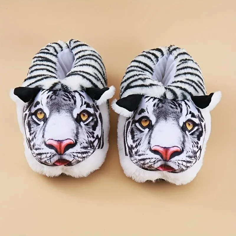 Funny Tiger Head Plush Slippers Unisex Winter Warm Furry Lined Anti Slip Thick Sole Indoor Home Footwear Soft House Men Slides