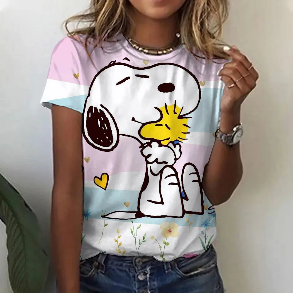 MINISO 스누피 프린트 여성 티셔츠 여성용 새 풀오버 o 넥 캐주얼 반소매 2025 Fashion Street Tops