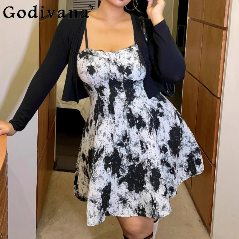 

Women Autumn Large Size Cool Sexy Tie-dye Suspender Dress Elegant Square Collar High Waist A-line Romantic French Short Dresses