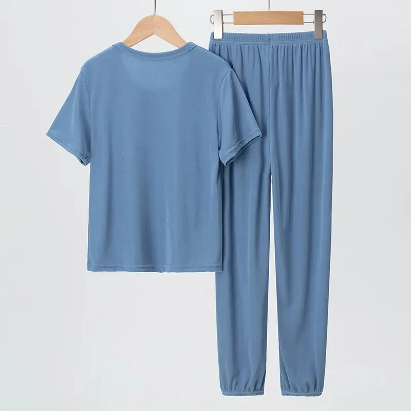 Boys and Girls Short-sleeved Trousers Suit Solid Color Comfortable Breathable Suit Big Boy Ice Silk 2-piece Set.