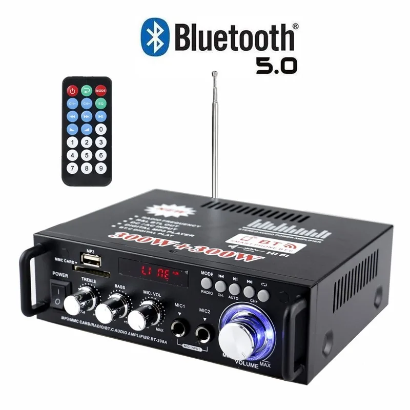 BT-298A Accueil Puissance Audio Stéréo Amplificateur Audio Moniteur 300W + 300W HIFI Bluetooth 5.0 Amplificateur 2.0 FM Radio