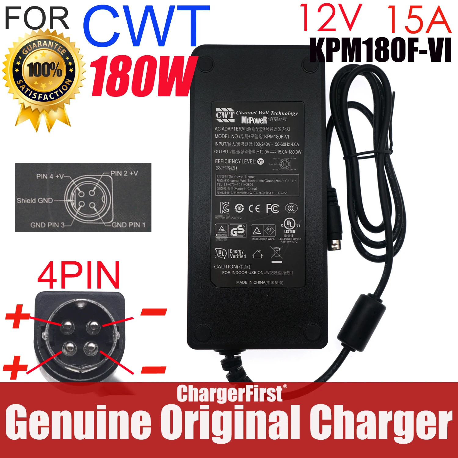 CWT KPM180F-VI 180W 12V 15A 4Pin DIN AC Adapter FOR MiTAC E99-KPM180F-N023 PH14FEI Industrial Mini ITX Embedded PC Power Supply
