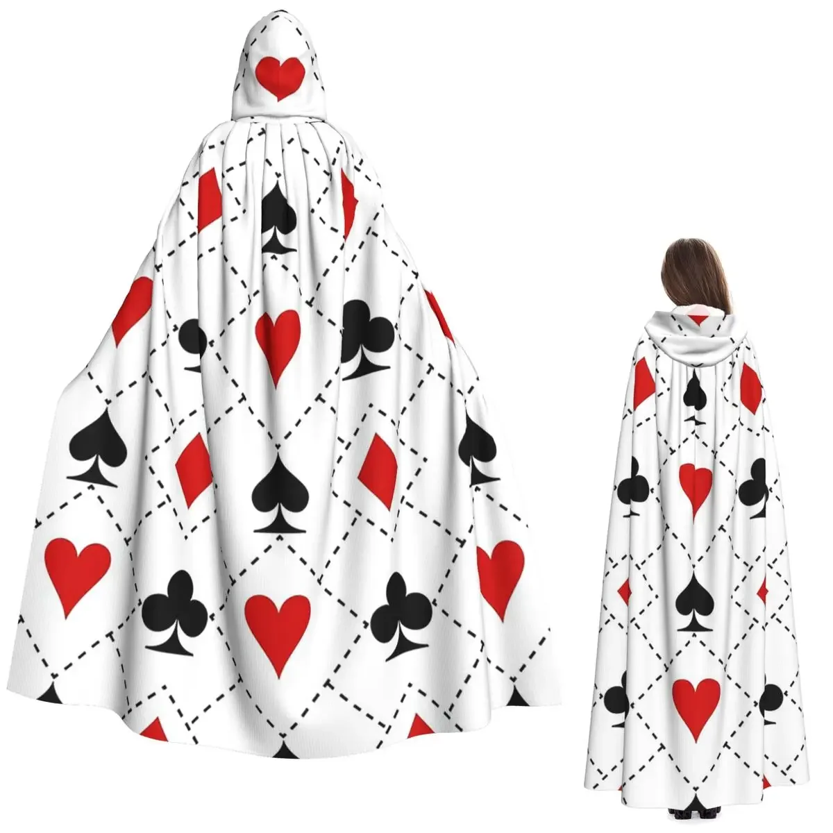 Custom Playing Cards Suit Symbols Pattern Long Hooded Cloak Witch Medieval Costume Cosplay Cape HalloweenCoat Adult Unisex