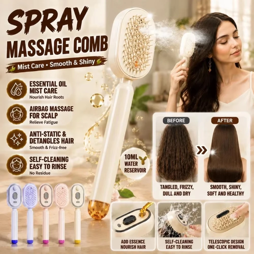 Electric Spray Air Cushions Massage Comb 3 in 1 Self Cleaning Steam Essential Oil Brush Rechargeable Spray Scalp Massager Combs