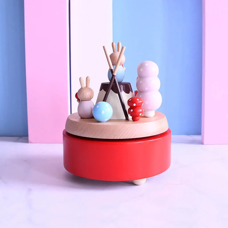 Red Christmas gift rotatable wooden music box handmade clockwork music box clockwork cartoon dessert party ornaments