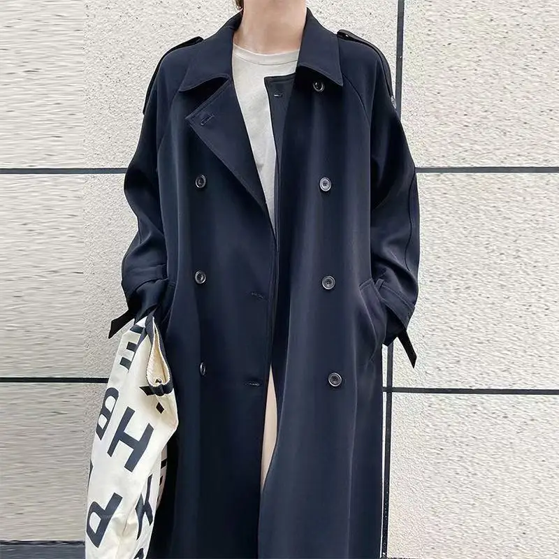 

2025 корейский длинный плащ с отложным воротником и поясом, женское однотонное модное двубортное тонкое пальто, женская элегантная осенняя одежда