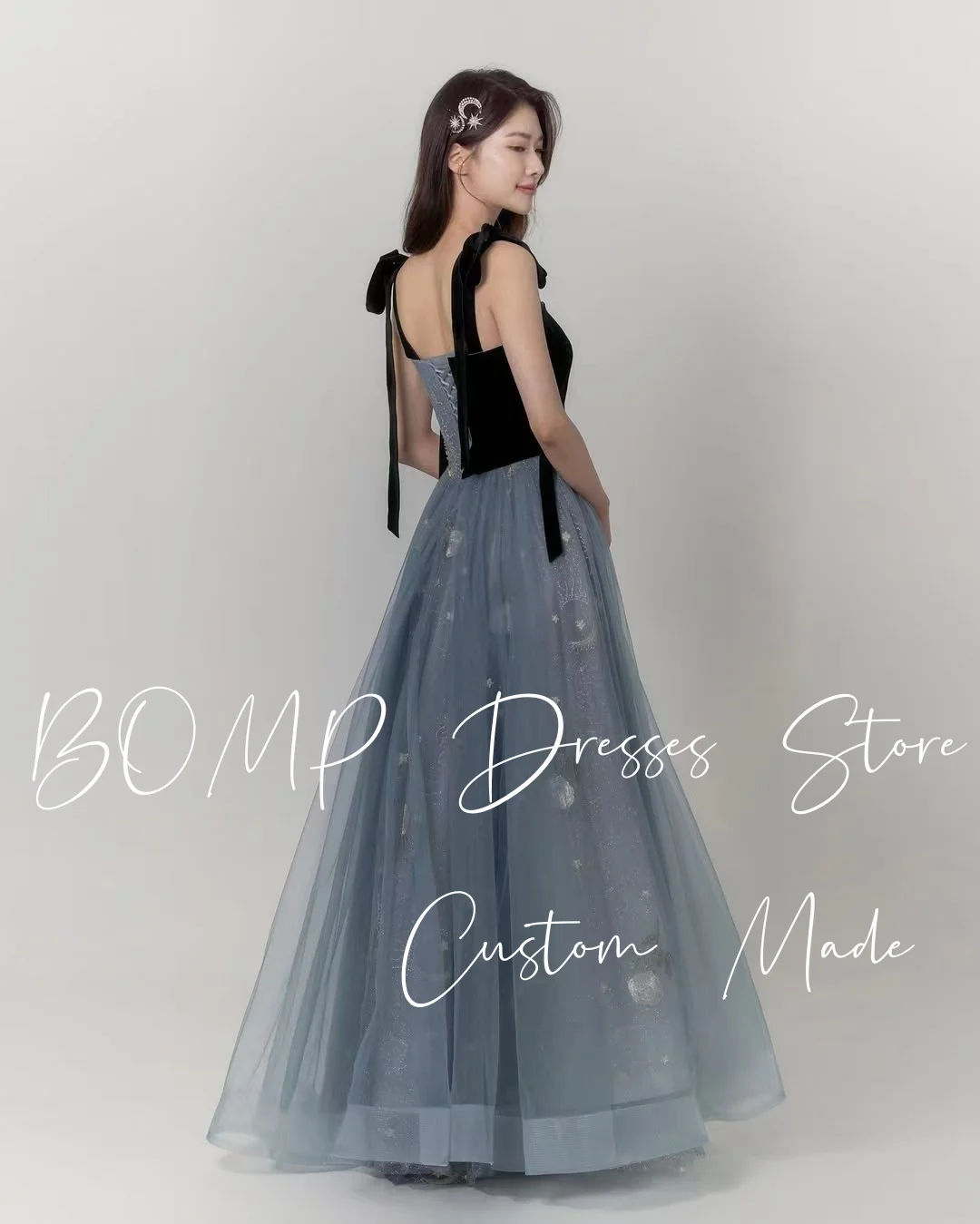 BOMP Contrast Blue Wedding Dress Bow Swetheart Floor Length Rulle Korea Photo Shoot Evening Bridal Gown Customized Elegant