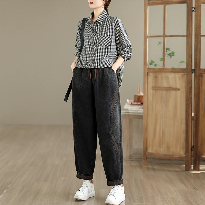Retro Patchwork Waed Pantaloni in denim casual Elastico in vita con cintura Jeans larghi da donna Bla Cotton 00% Autunno New Sle