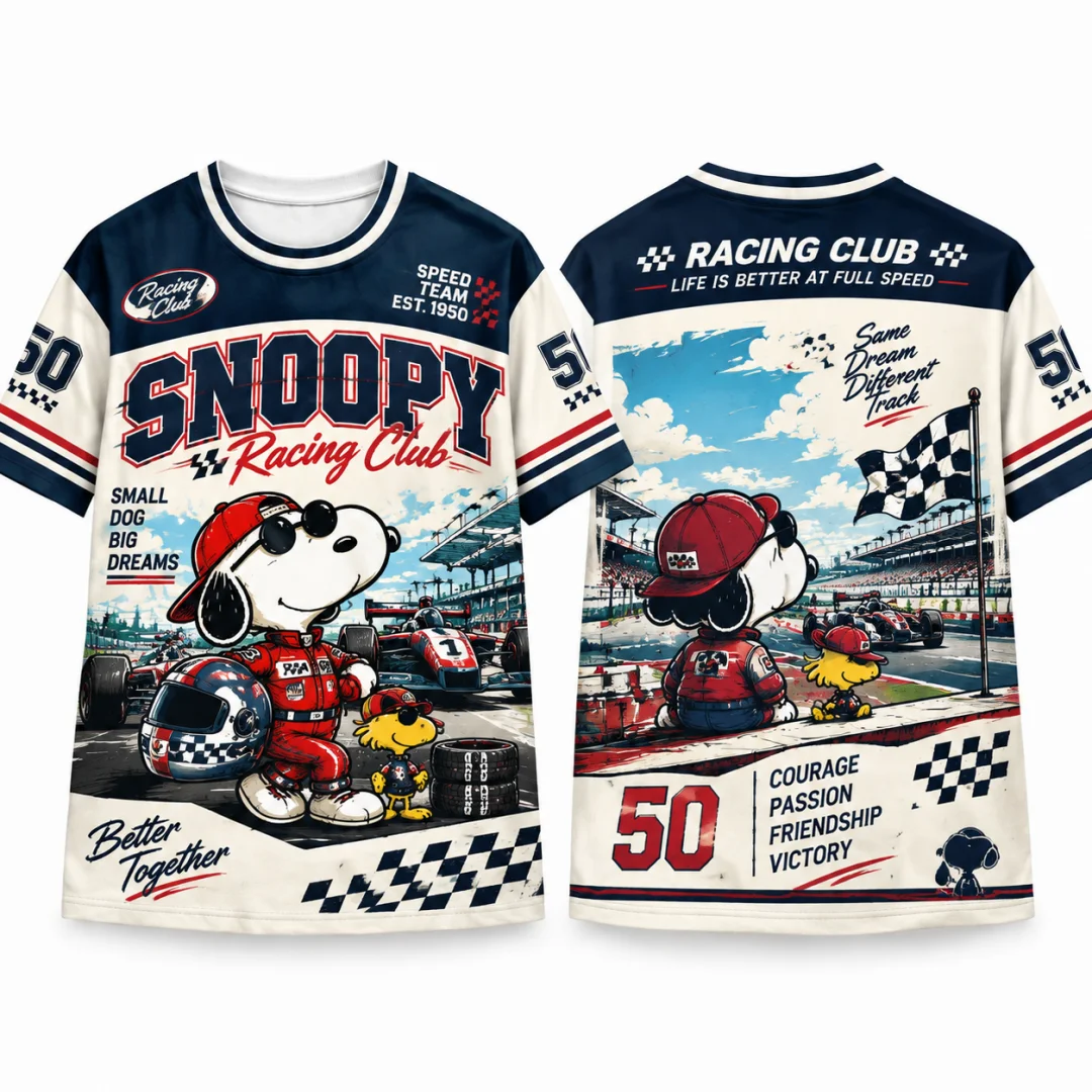 Snoopy Woodstock Racing Club T-Shirt Unisex Peanuts Race Track Checkered Flag Retro Motorsport Short Sleeve Kids Tee Fan Gift