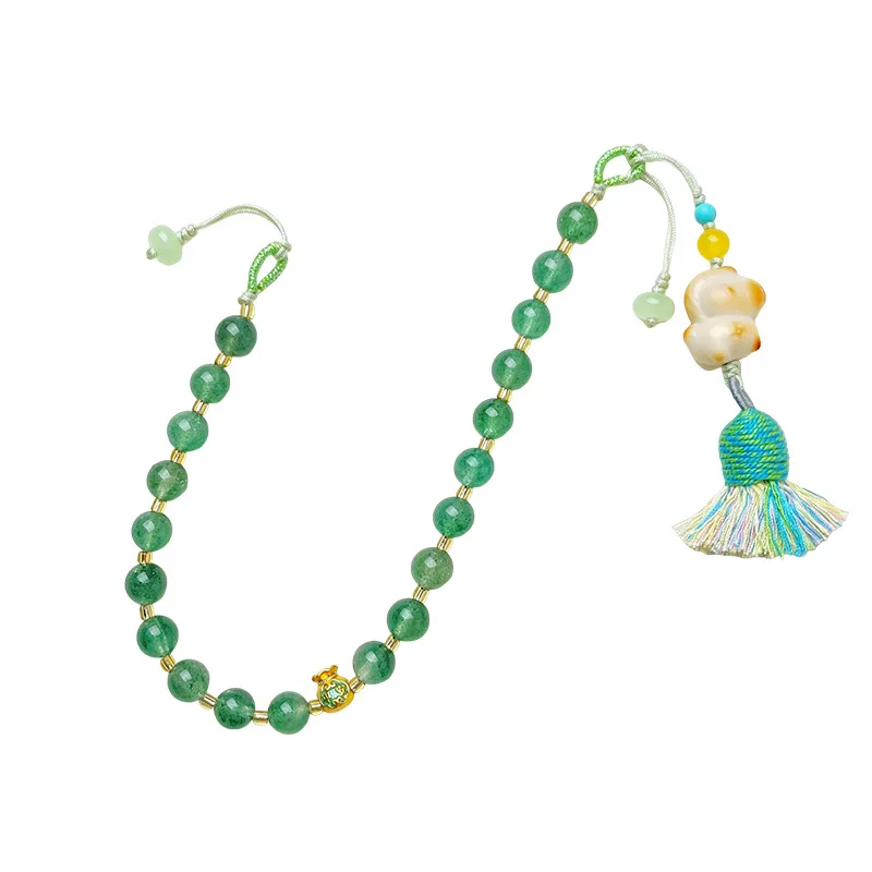 Natural Green Strawberry Quartz Phone Charm Cute Pony Tassel Beaded Wrist Lanyard Elegant Blessing Gifts