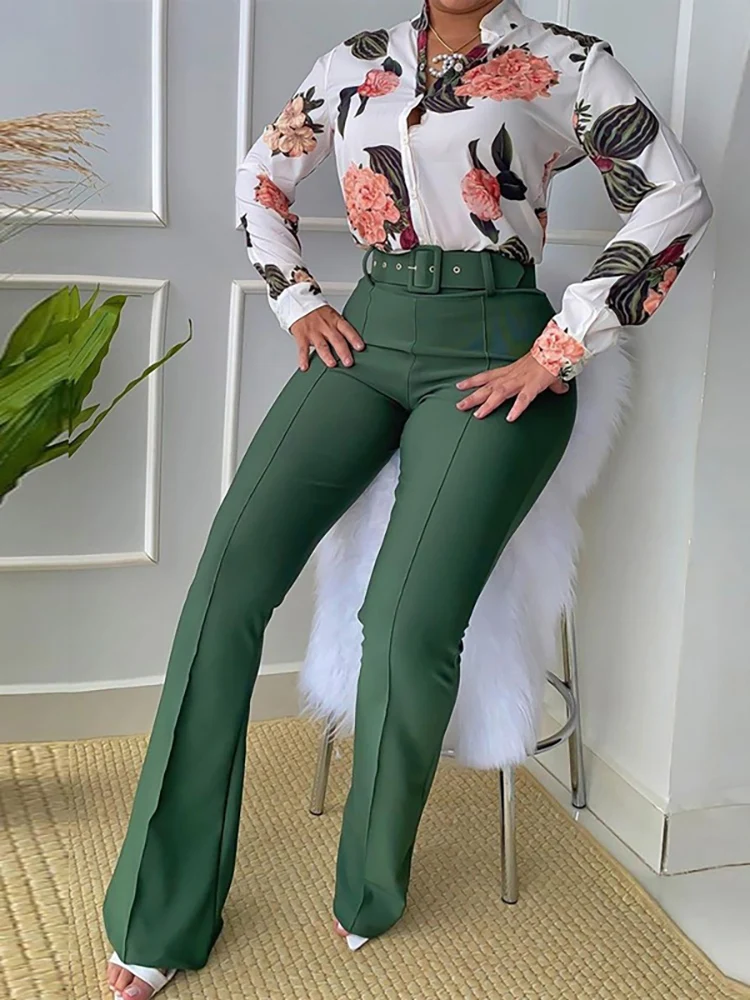 Office Lady Elegant Belt Matching Set Women Long Sleeve Tops Wide Leg Pants Suit Femme Streetwear Retro Printed Slim Fit Outfits