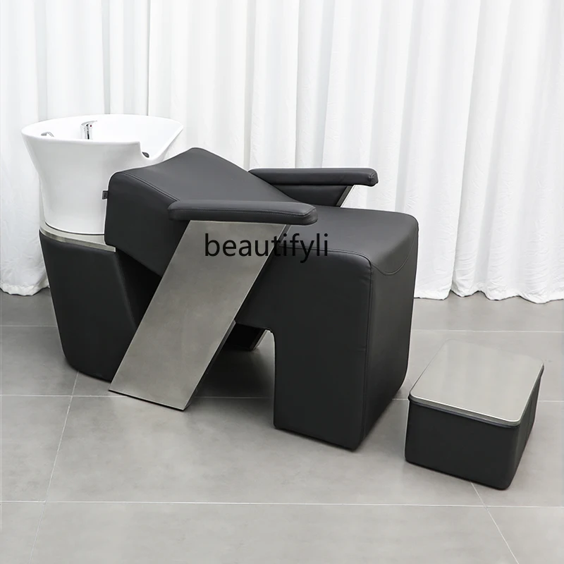 Barber Shop Lying Half Shampoo Flushing Bed Stainless Steel Simple Ceramic High-End Lying Half Shampoo Chair