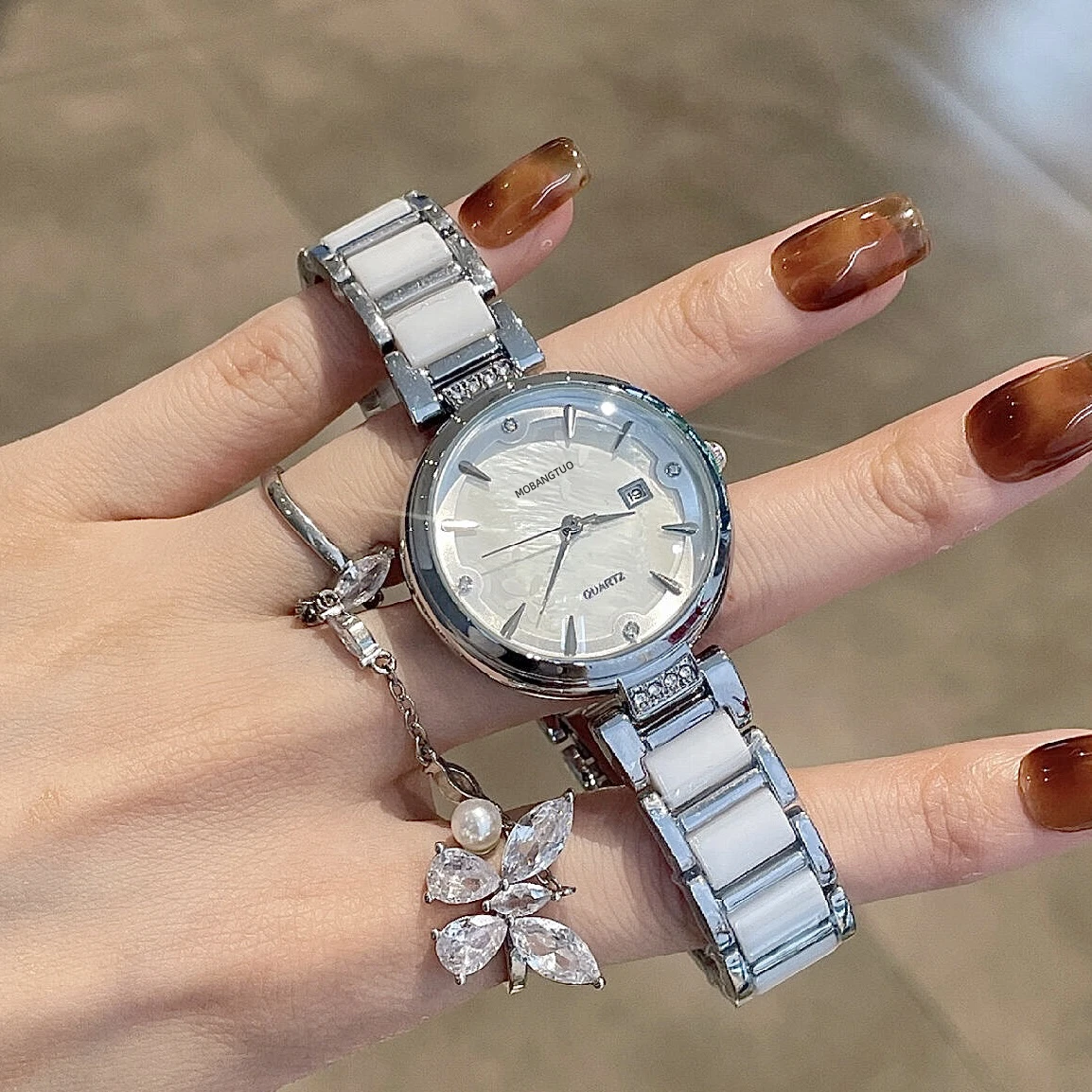 

Elegant women's wristwatch, ceramic white, new luxury style, sophisticated women's watch, perfect as a gift for women.