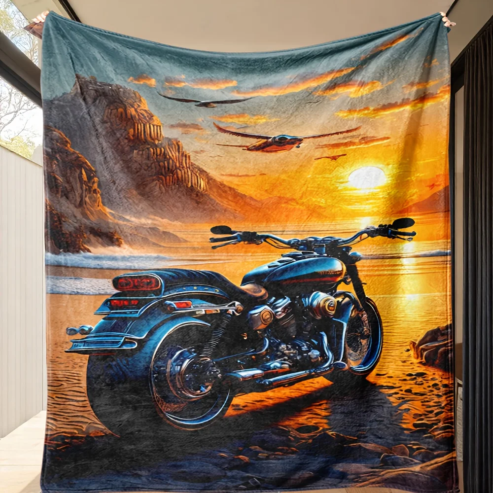 Outdoor Motorcycle Sunset Landscape Blanket Throw Realistic Digital Art Home Decor Gift