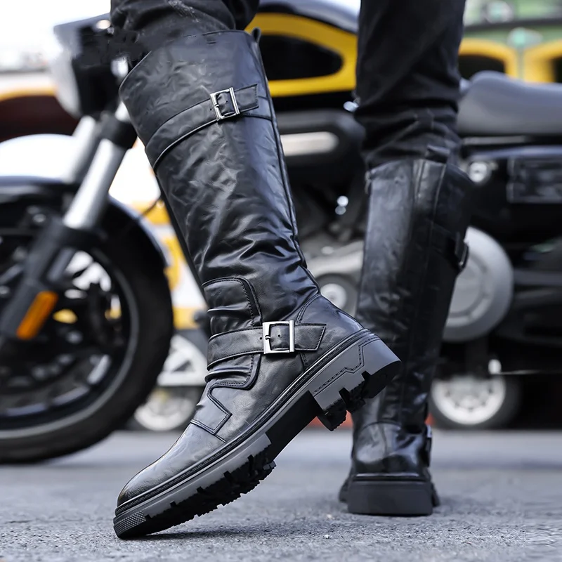 plus size men casual stage nightclub high boots black designer genuine leather shoes cowboy platform boot long motorcycle botas