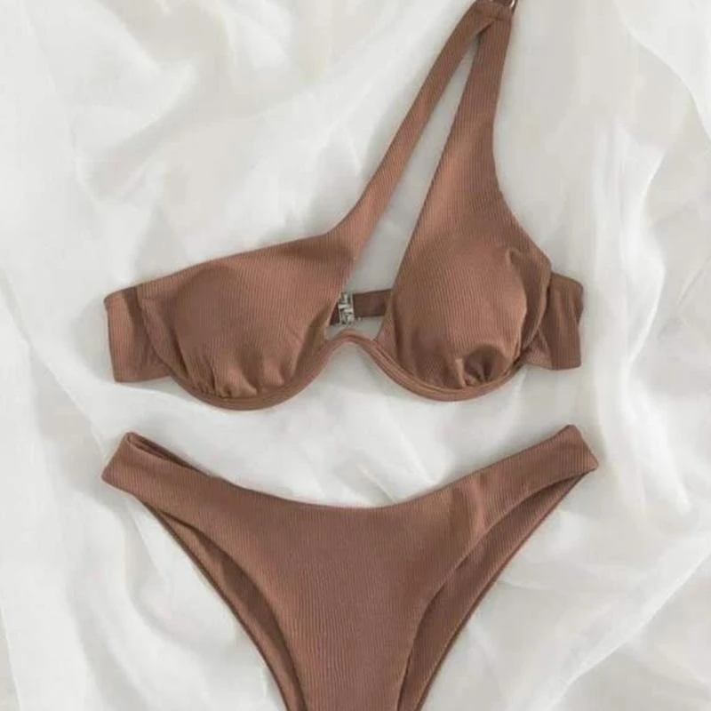 Women Underwire Sexy Ribbed Shoulder Swimsuit Cut Beachwear Set Push Up Bathing Suit