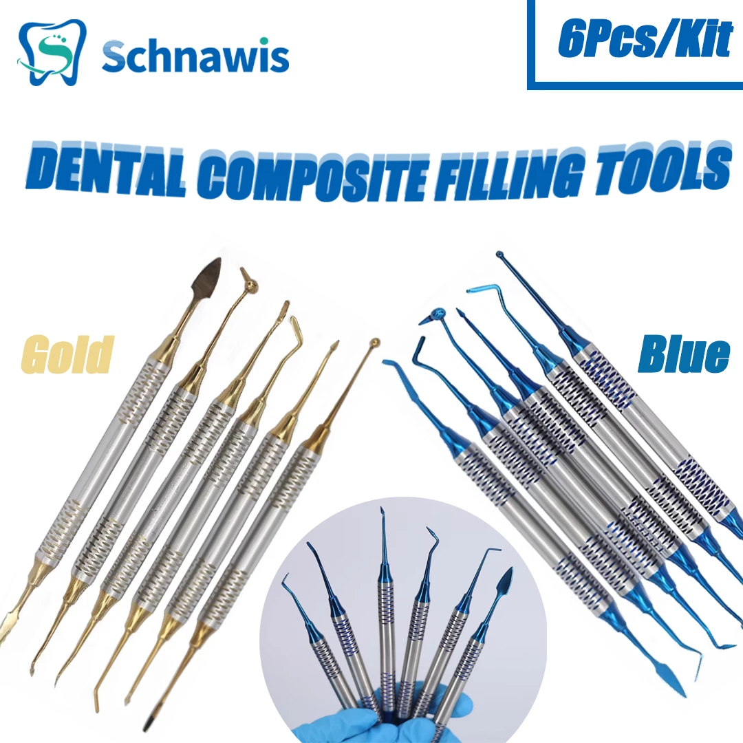 6Pcs/Kit Orthodontic Composite Resin Filling Spatula Restoration Tool Denspay Titanium Plated Head Resin Filler Set Thick Handle