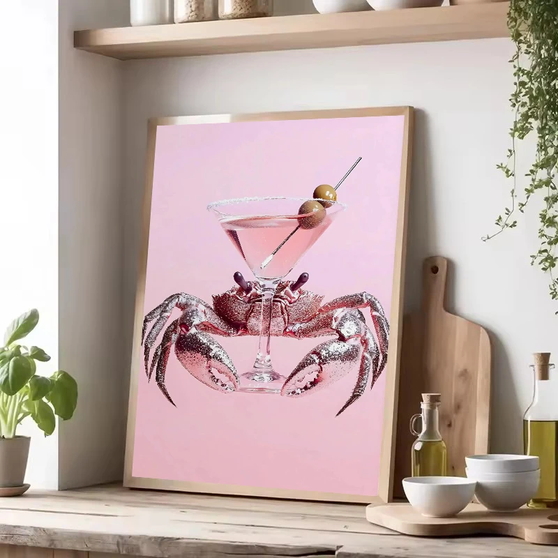 Modern Shrimp Shell Crab Martini Cocktail Pink Disco Seafood Poster Canvas Print Bar Fashion Restaurant Kitchen Wall Decoration