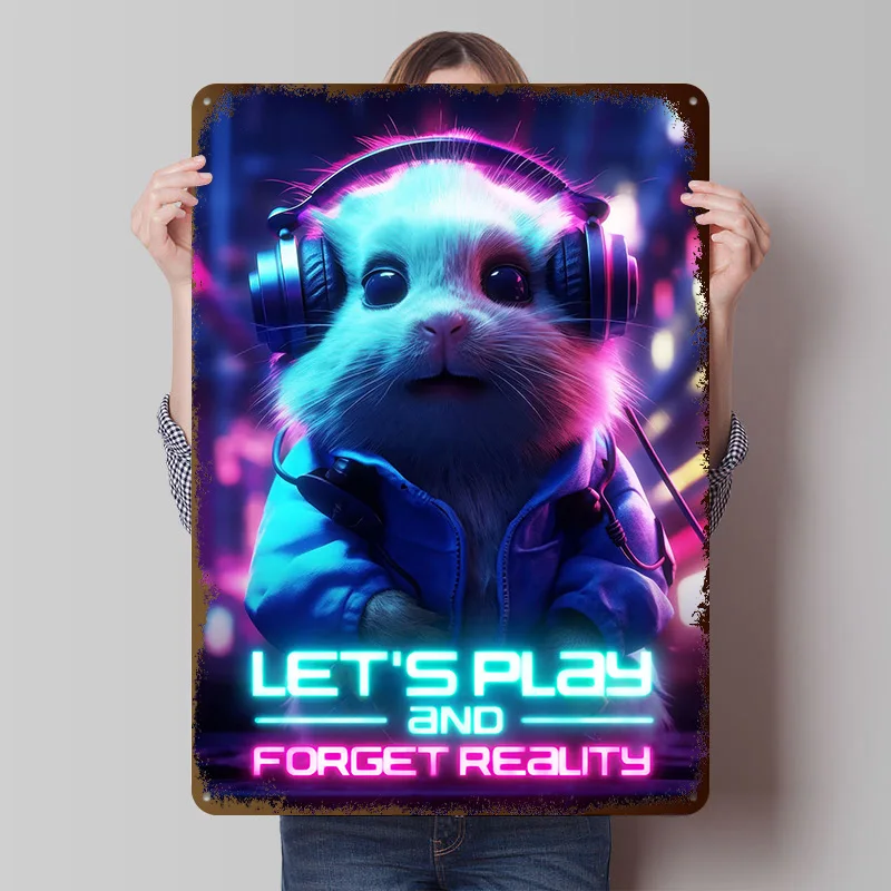 Hamster Gaming Lets Play Tinplate Posters Customizable Wall Art Retro Vintage Metal Signs for Home Room Custom Plate Desk Decor