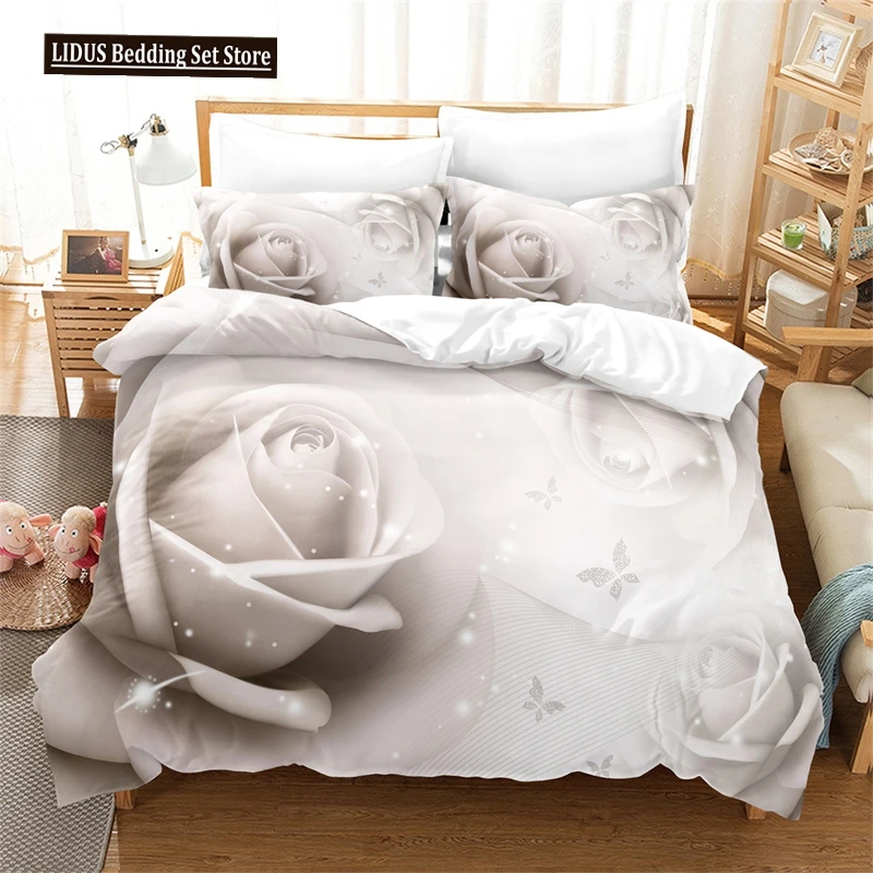 

Flowers Duvet Cover Set 3D Print White Rose Fresh Comforter Cover King Size For Girls Women Lover Couple Polyester Bedding Set