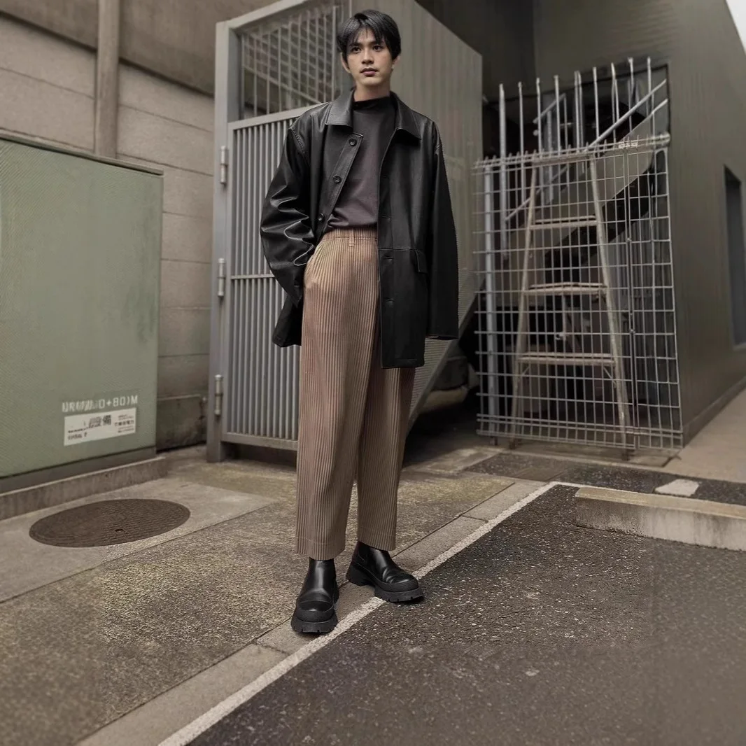 Miyake New 2025 Spring Summer Men's Loose Pleated Wide Leg Straight Pants Pleated Pants Casual Pleats Fashion Versatile Trousers