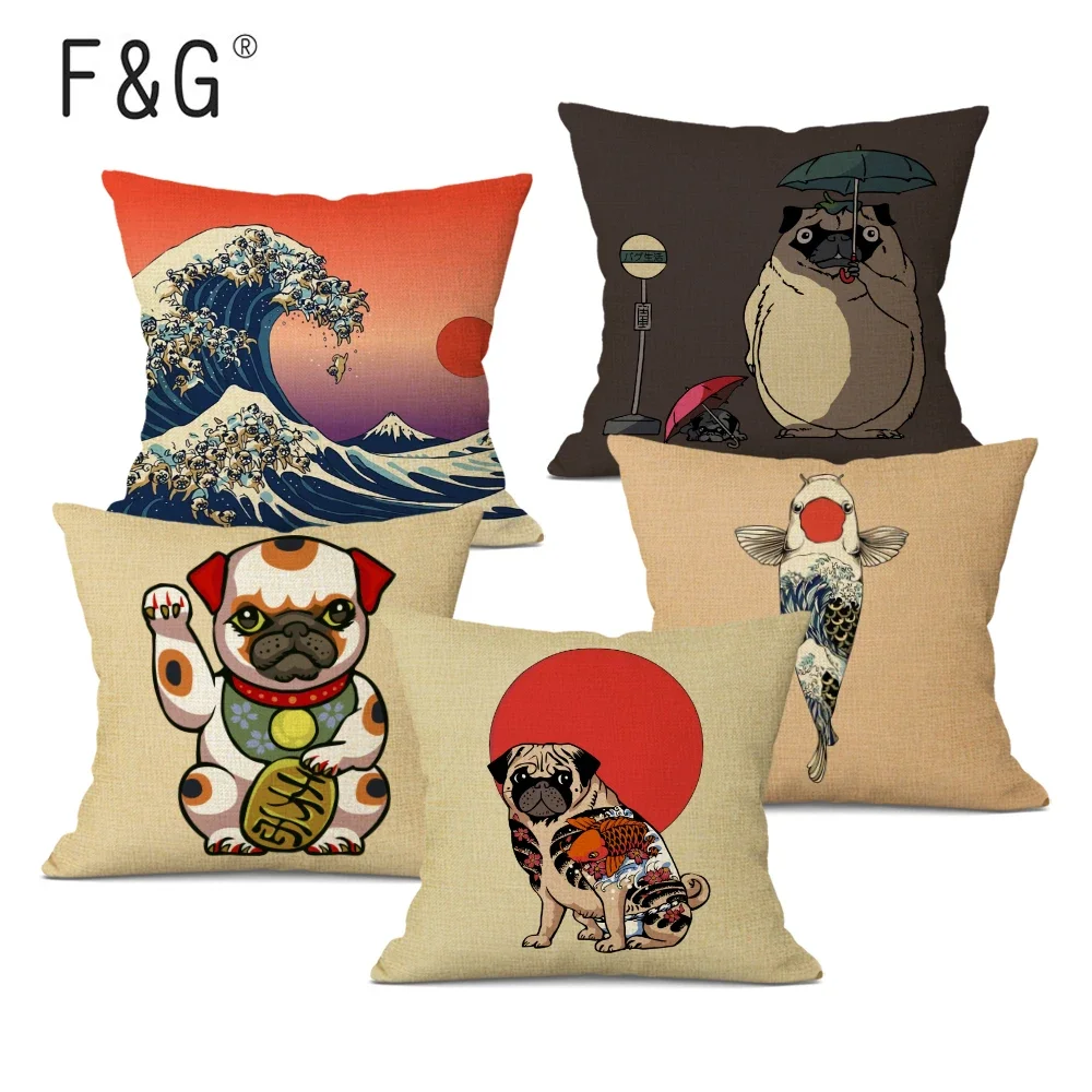 Japanese Style Decorative Cushion Cover Lovely Pug Dog Print Throw Pillow Case for Home Sofa Decor