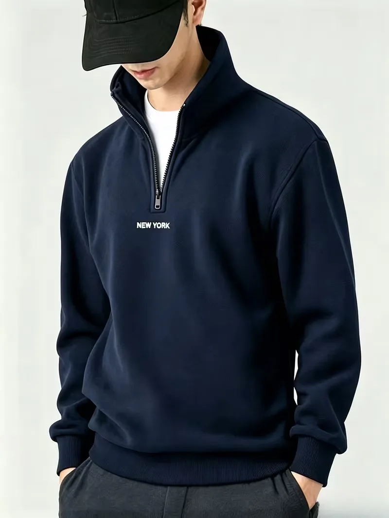NEW YOUR Letter printing Men's Clothes Casual Half Zip Long Sleeve Sweatshirts Street Trend Stand Collar Tops Autumn Hoodies Tee