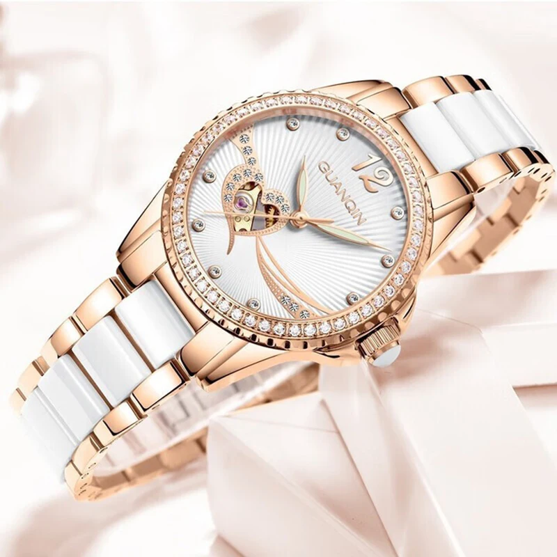 GUANQIN Luxury Women Mechanical Watch Automatic Movement Heart-Shaped Skeleton Steel Dial Leisure 50M Waterproof Luminous Clock