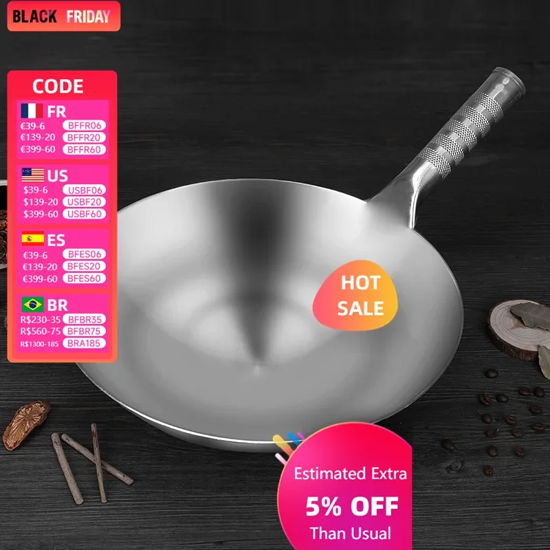 

430 Stainless Steel Wok, Food Grade Thickened and Non-stick Uncoated Round Bottom Commercial Household Pot