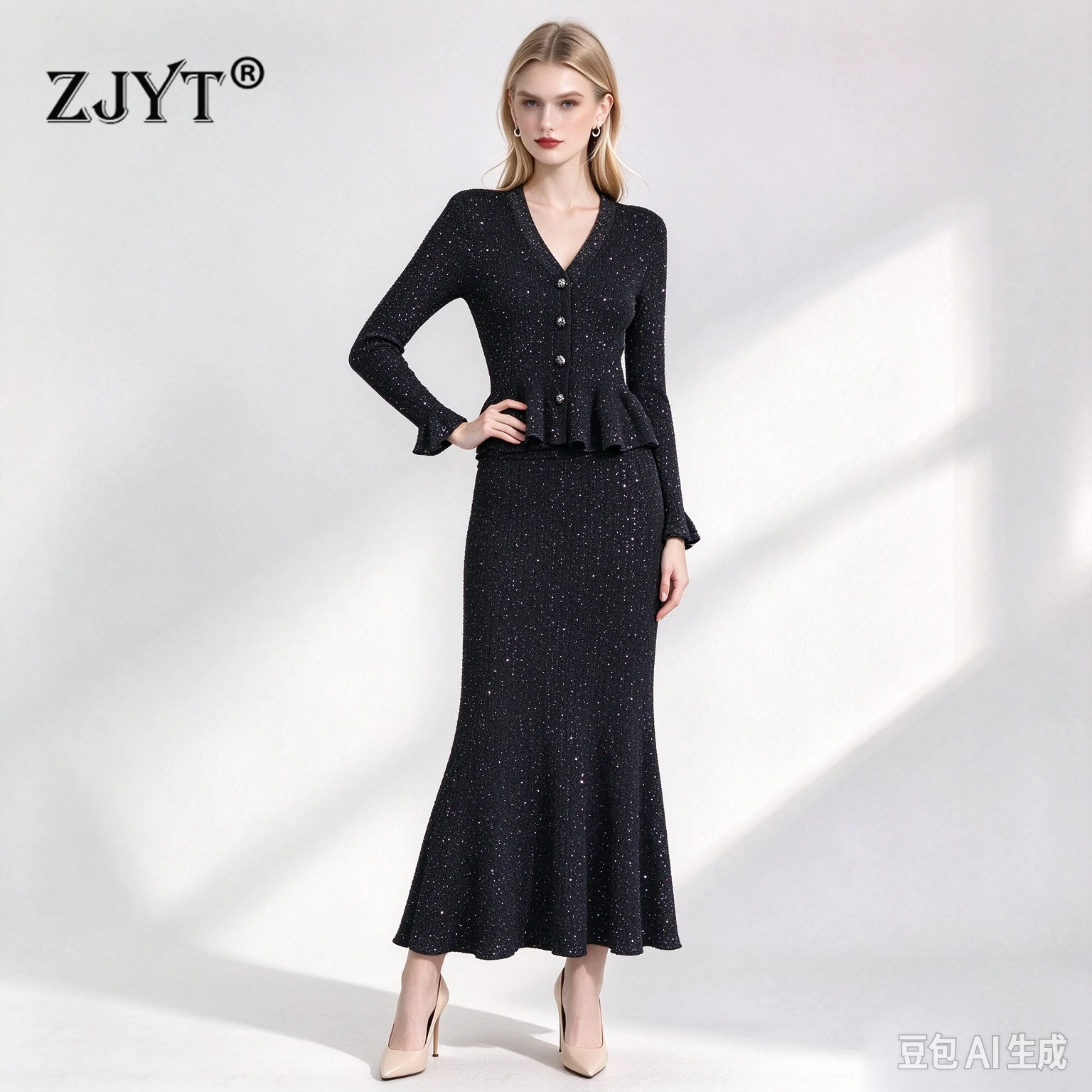 ZJYT Autumn Elegant Luxury Sequined Knitted Tops Women Sweaters Flare Sleeve Ruffles Cardigans Female Jumper Long Trumpet Skirt