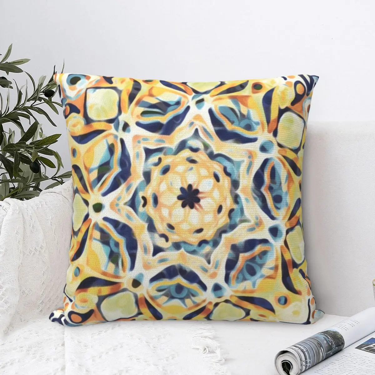 Stained Glass Mandala - Mustard Yellow & Navy Pillowcase Cushion Comfort Throw Pillow Sofa Cushions Used for Home Living Room