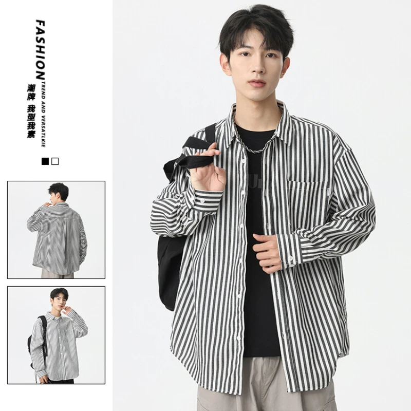 Cotton Blend Striped Loose Casual Long-sleeved Shirt, Breathable and Sweat-wicking Men's Autumn Top.M-4XL