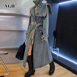 VGH Solid Patchwork Lace Up Denim Trench per le donne risvolto manica lunga vita alta impiombato doppio petto temperamento cappotti femminili