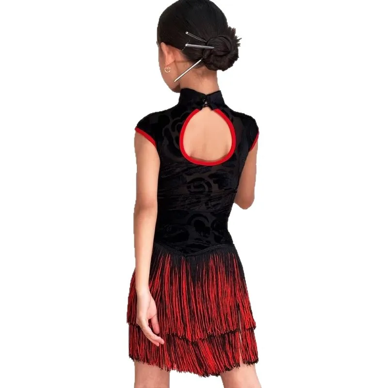 여아 고급 라틴 댄스 상의와 치마 세트 새로운 어린이 연습복 댄스 공연용