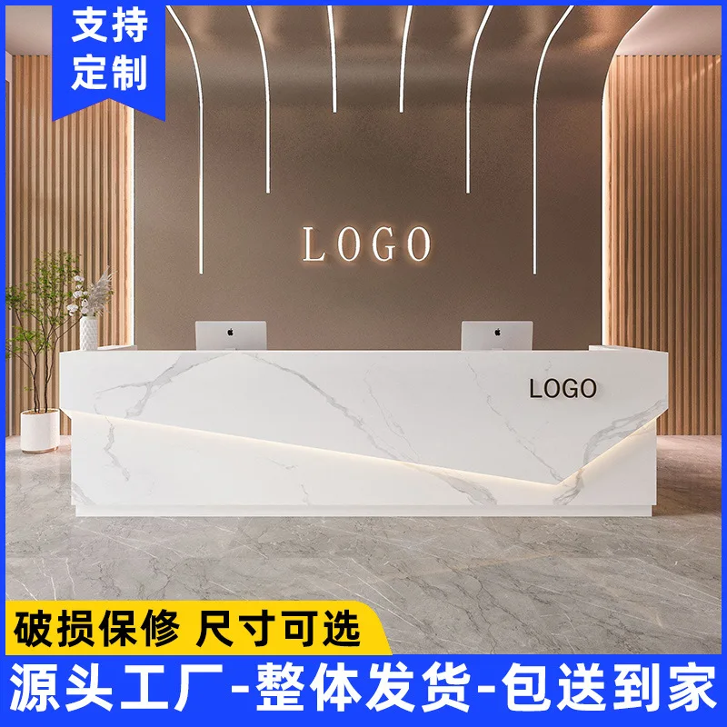 Minimalist modern marble-style company front desk, hotel reception desk, cashier, small lacquered bar table, custom design