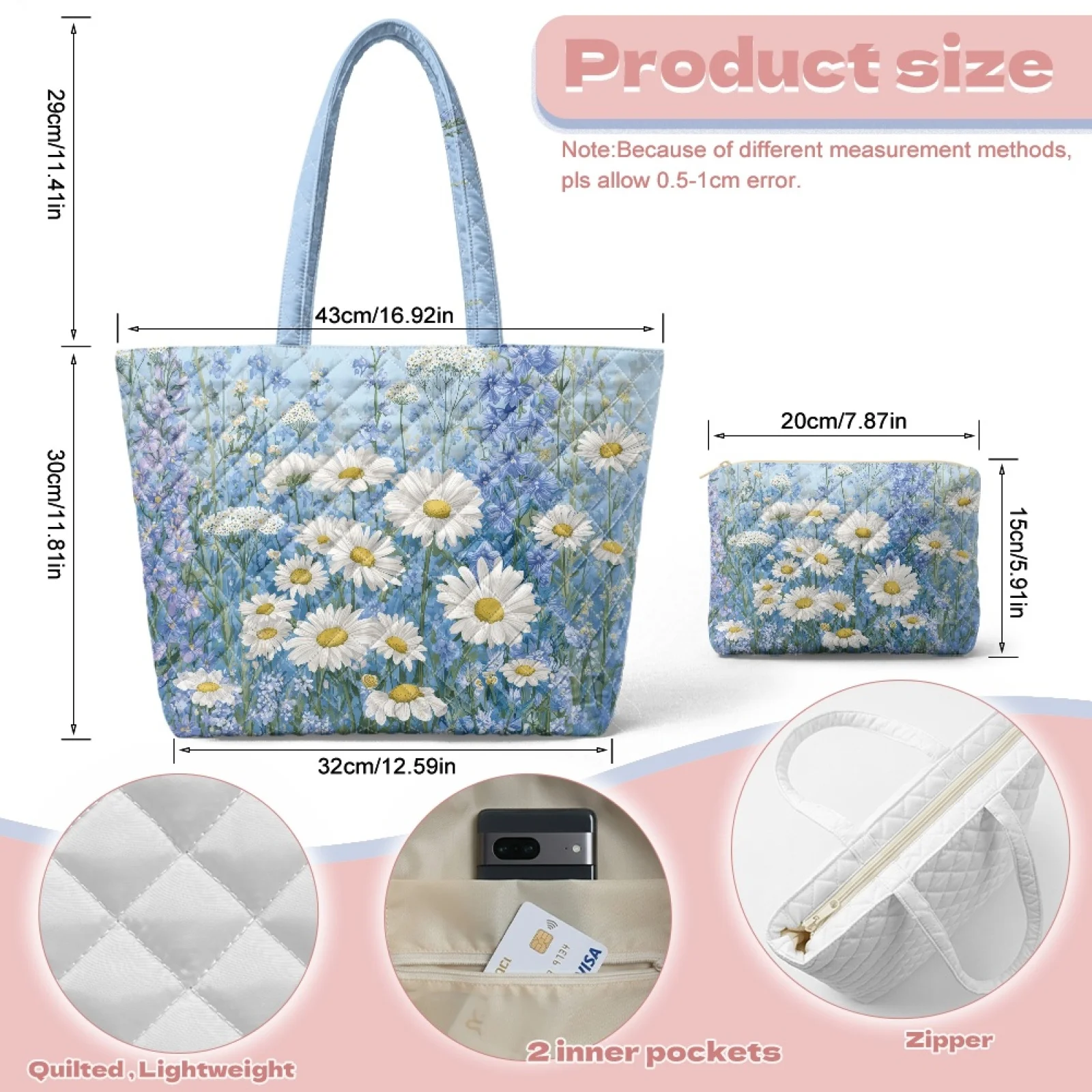 Coloranimal White Quilted 2 Piece Tote Handbag Set, Durable Polyester Shoulder Bag with Pouch for Office and Daily Outings
