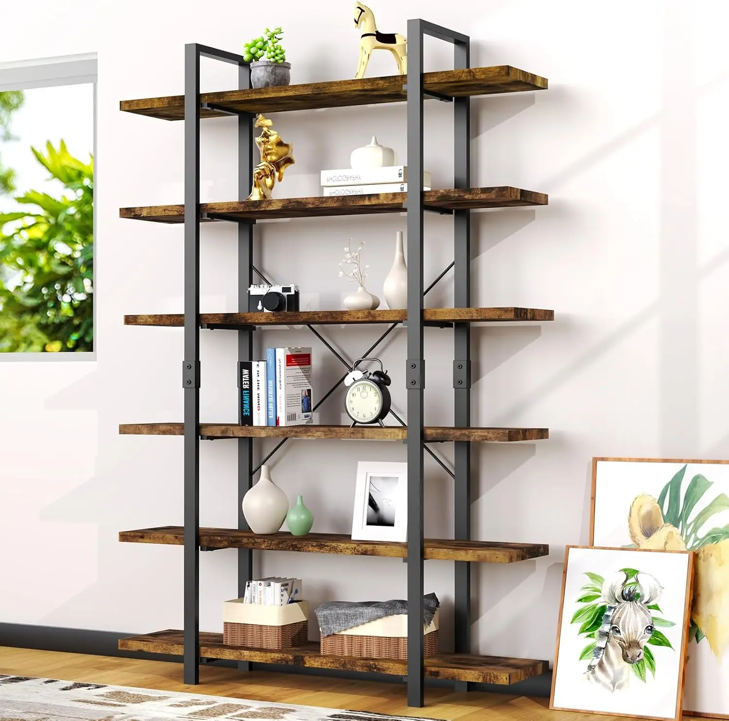 6 Tier Bookshelf, 83 inch Tall Bookcase Industrial Wooden Bookshelves Large Wall Etagere Rustic Vintage Book Shelf with Metal Fr