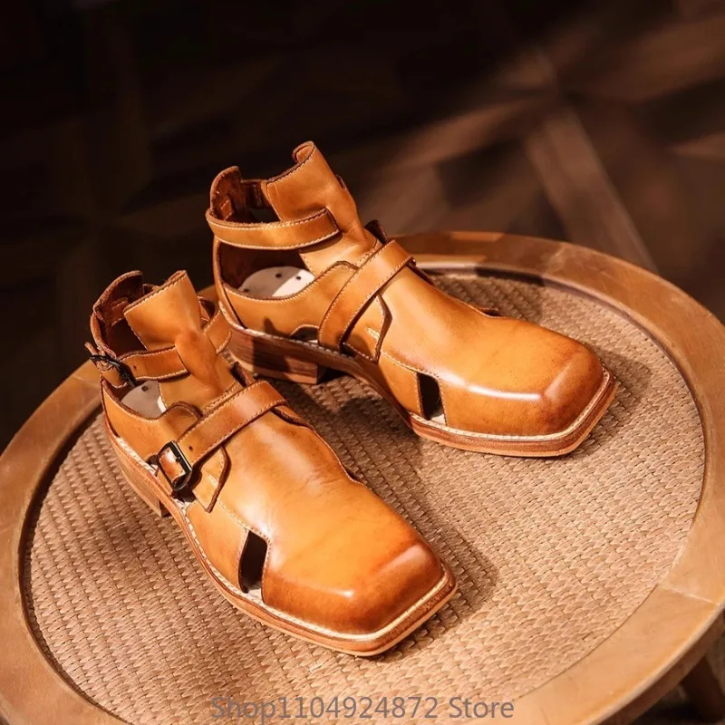 Handmade Men High-top Sandals Genuine Leather Retro Hollow Luxury Gladiator Shoes Outdoor Premium Square Toe Hiking Sandals