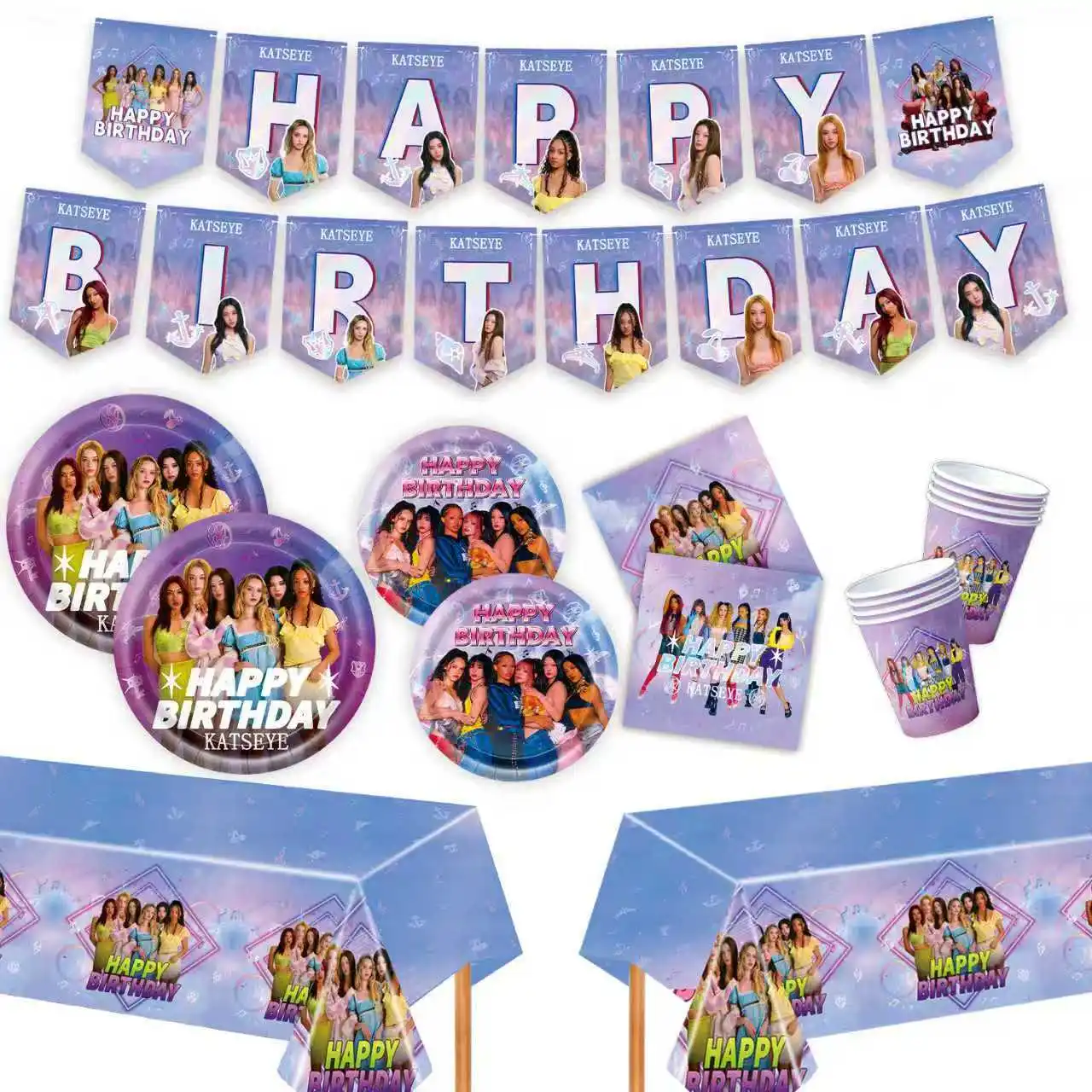 K&Katseye Idol Birthday Party Supplies Decoration Kpop Girl Cup Plate Flag Banner Balloon Cake Napkin Balloon Set Sticker Toys - view 4