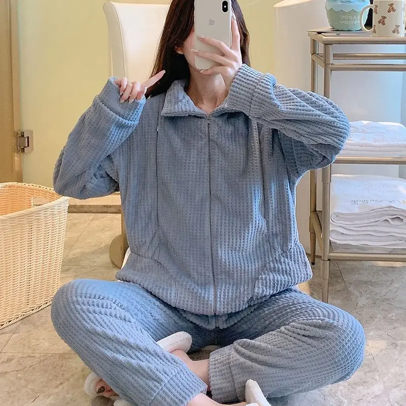 Women Flannel Confinement Clothing Winter Thick Warm Pajamas Female Outerwear Coral Velvet Nightgown Casual Loose Homewear Suit