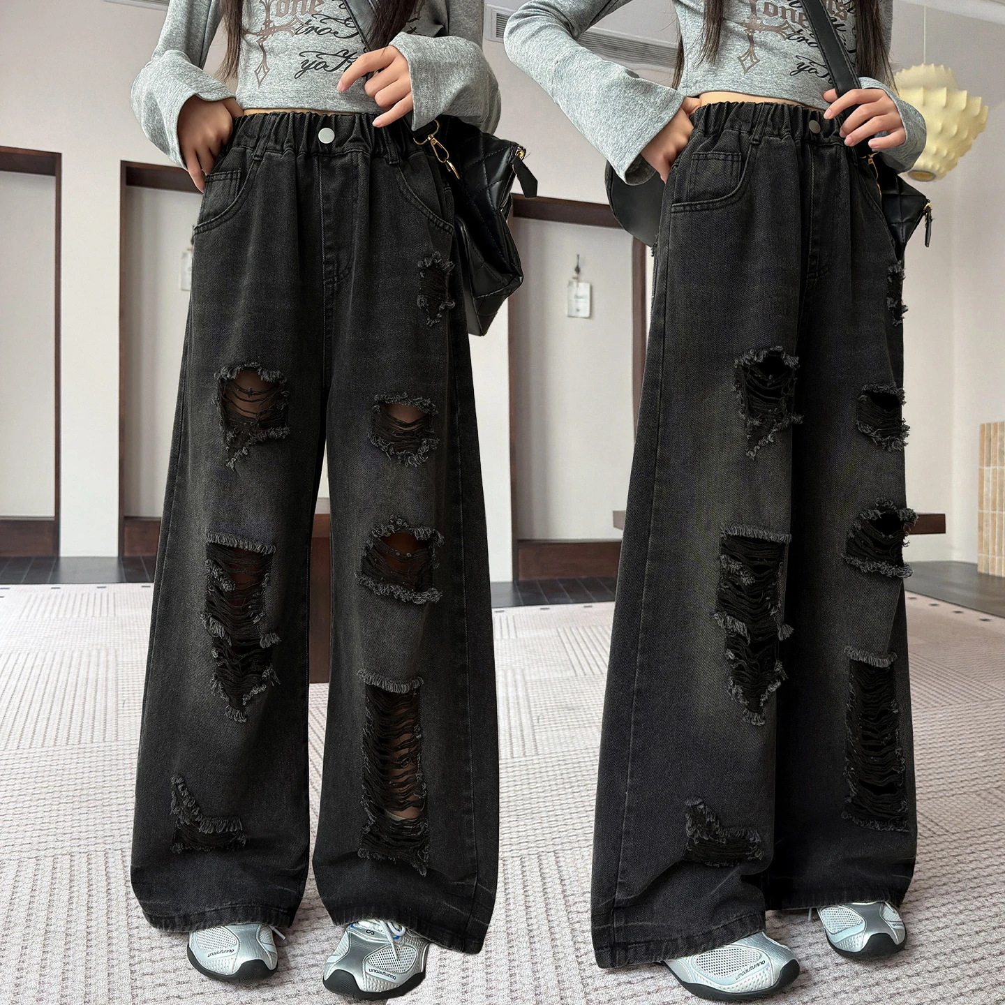 Teens Girl Trendy Streetwear Retro Destroyed Denim Pants Autumn Children Black Street Jeans with Holes Kids Versatile Trousers