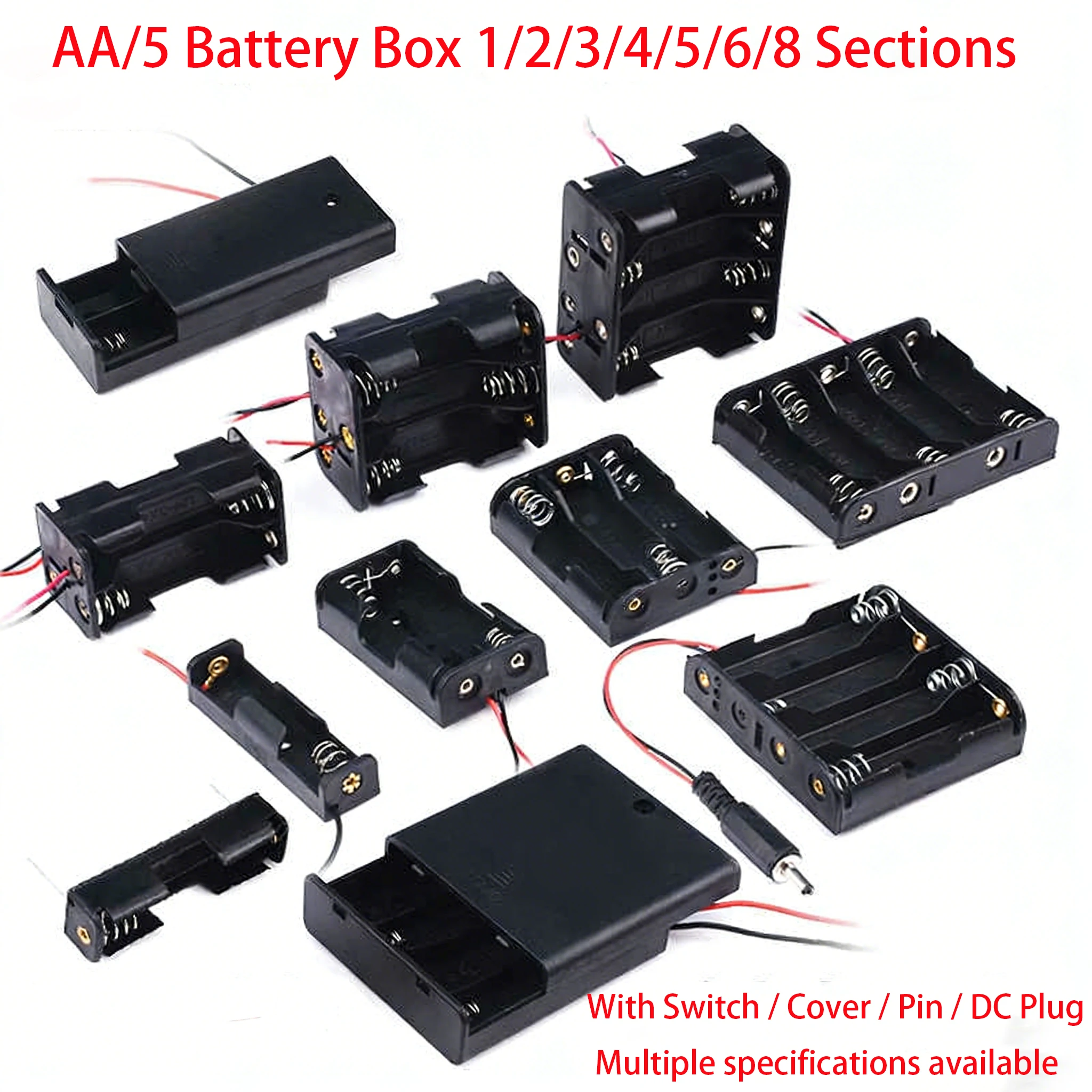 5pcs AA/5 Battery Box 1/2/3/4/5/6/8 Sections With Switch / Cover / Pin / DC Plug DIY Battery Cell Battery Compartment