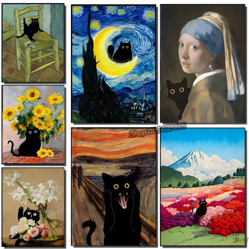 Famous Painters Series Black Cat Funny Parody Canvas Poster  Monet Van Gogh Klimt Art Wall Decor