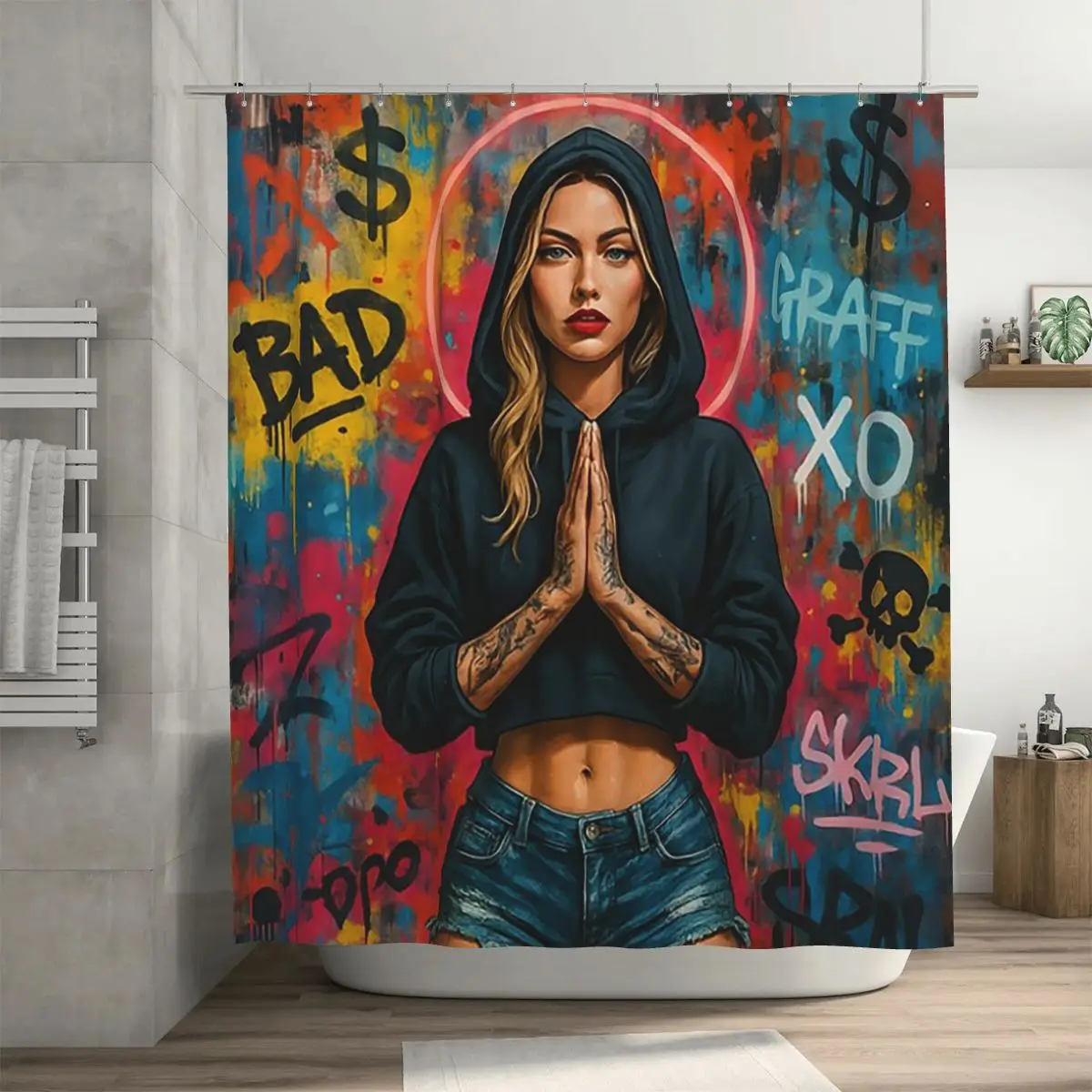 Fearless Prayer - Rideau de douche Urban Saint en polyester imperméable pour salle de bain avec crochets