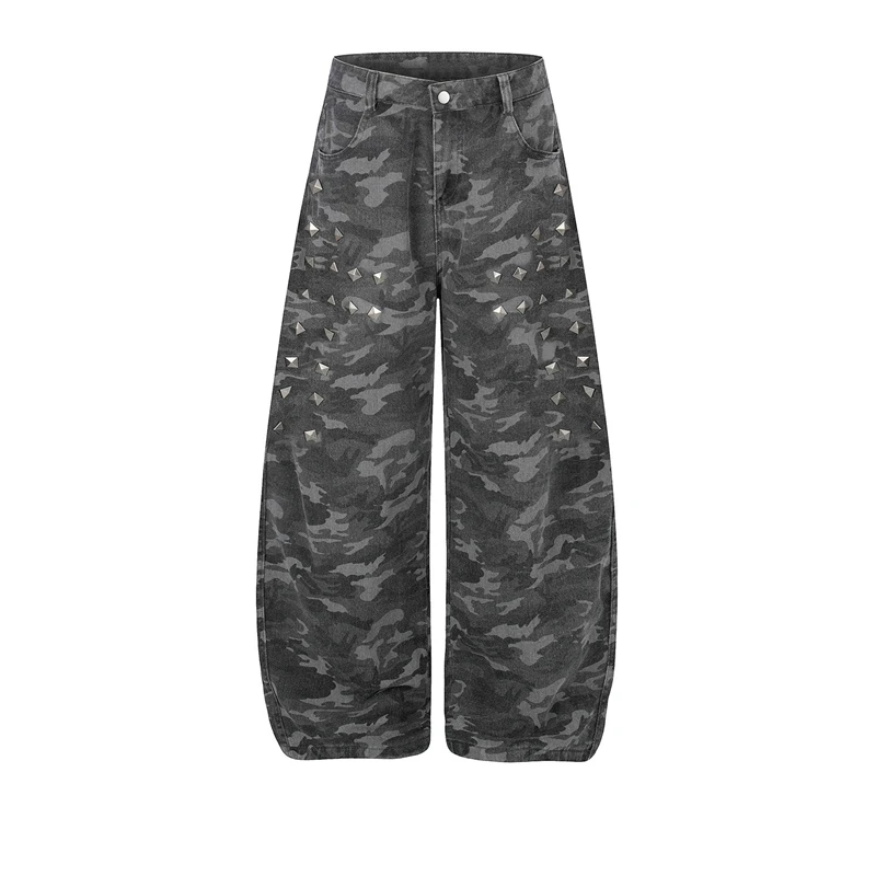 Women's Rivet Camouflage Pattern Retro Pants Cool Girl Wide Leg Y2k Bottoms Street High Waist Trousers Female Unisex Sweatpants