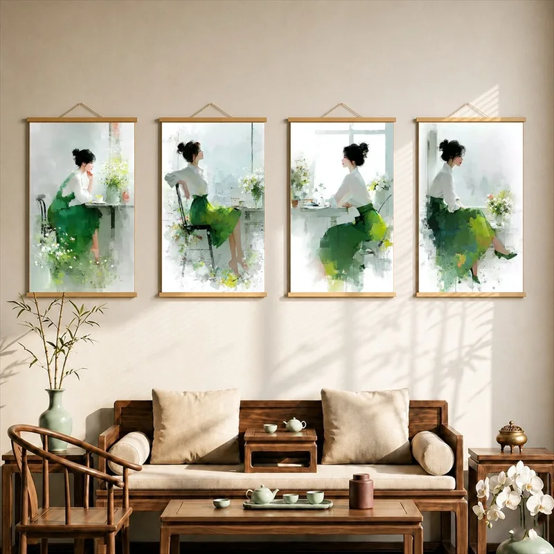 Wall Art Flowers Glowing in Gentle Light, Soft Romantic Pearlescent Canvas Hanging Scroll with Wooden Rods for Boutique Cafe