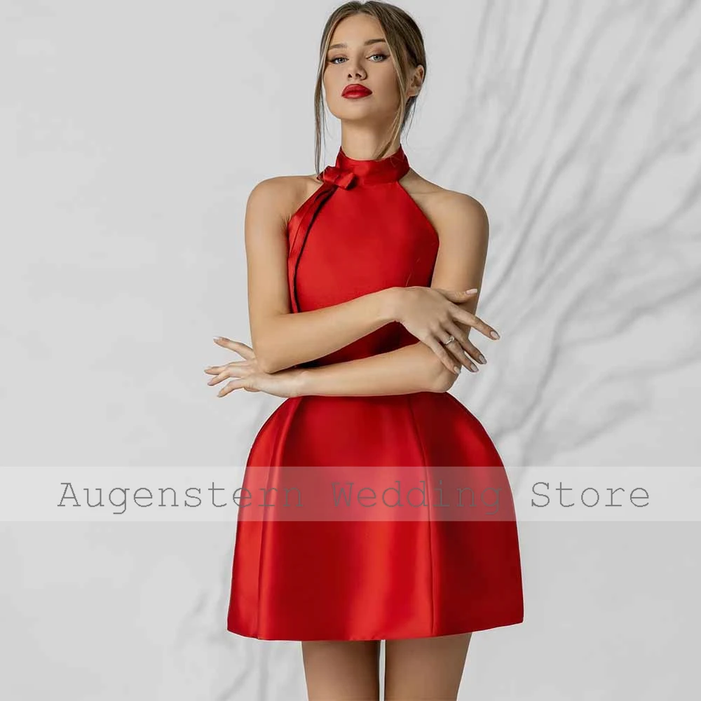 فساتين حفلات الكوكتيل النسائية البسيطة 2025 من الساتان على شكل حرف a للحفلات الراقصة باللون الأزرق الداكن مع فيونكة مدورة وسحاب مكشكش فستان حفل صغير