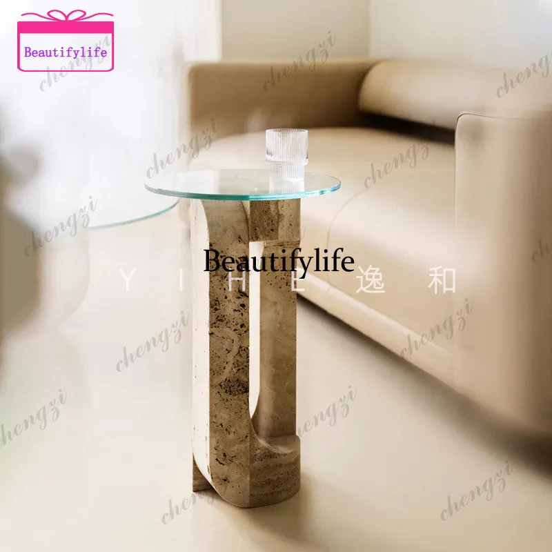 a55 Wabi Sansi natural travertine edge table, high-end designer living room, small coffee table next to the sofa