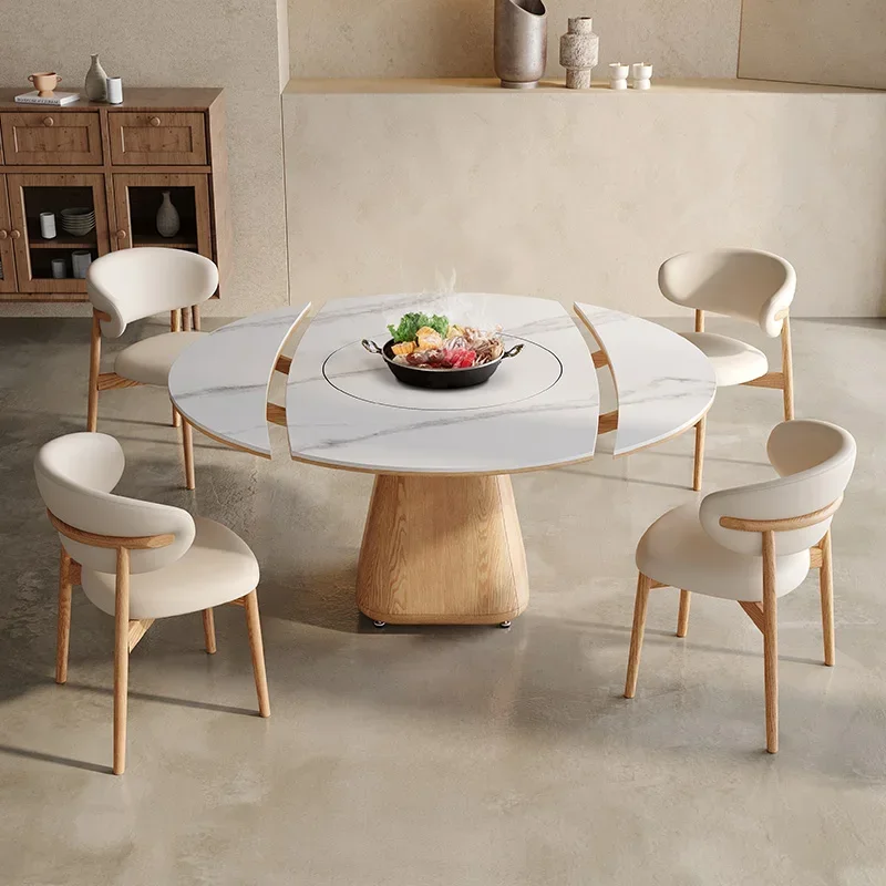 Premium Nordic Solid wood rock slab dining table folding telescopic with induction cooker vegetable inlaid board turntable