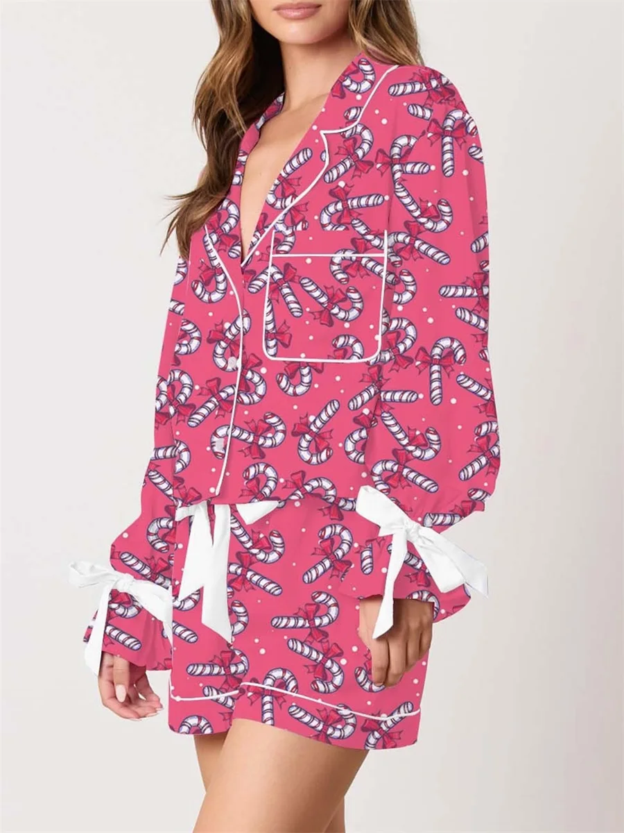 Women s 2 Piece Pajama Set with Festive Christmas Print Cozy Long Sleeve Shirt and Elastic Waist Shorts for Comfortable